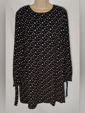 H&M Black Floral Midi Dress with White Flowers and Green Leaves